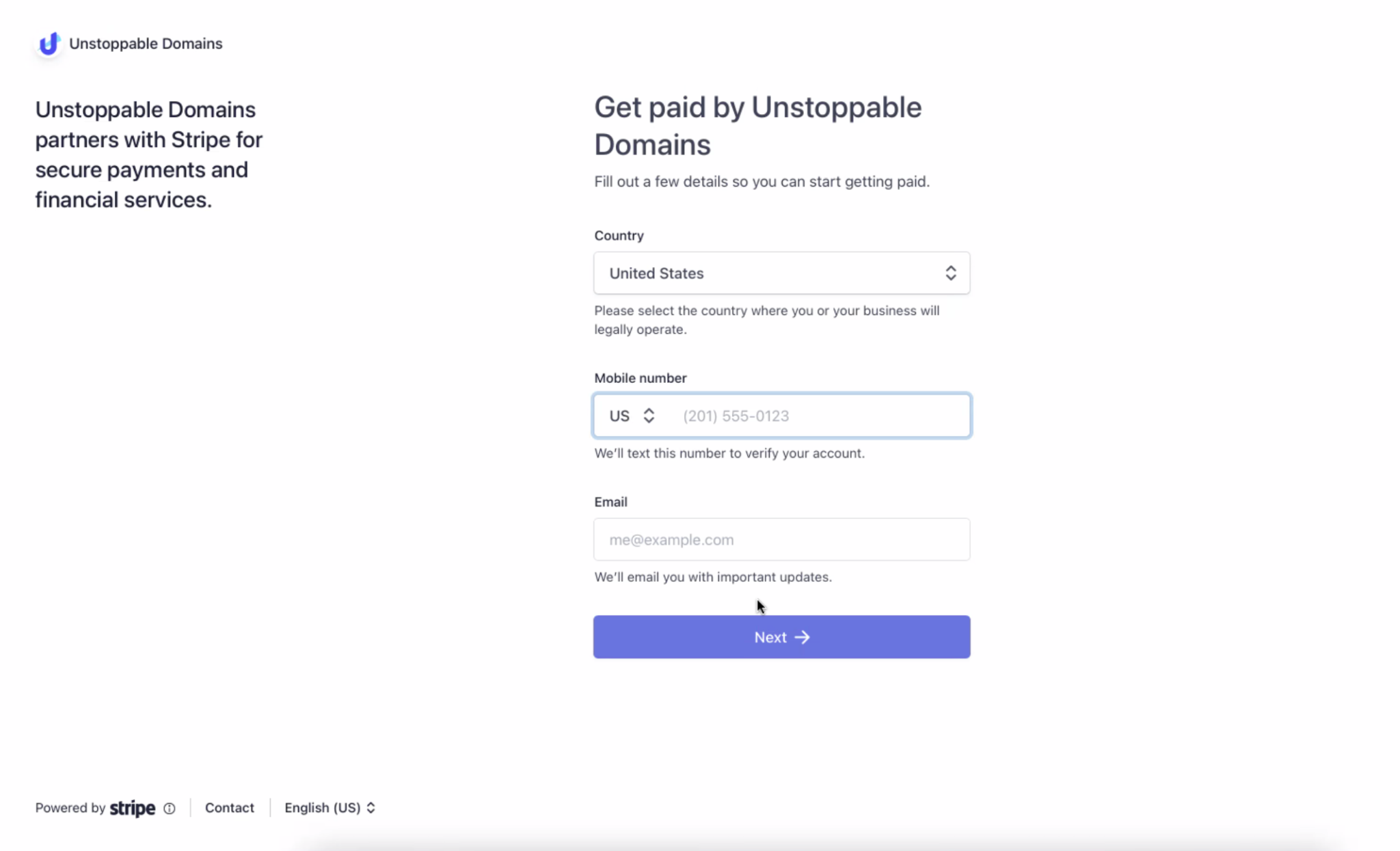 Stripe business integrations form to connect your Stripe and UD accounts