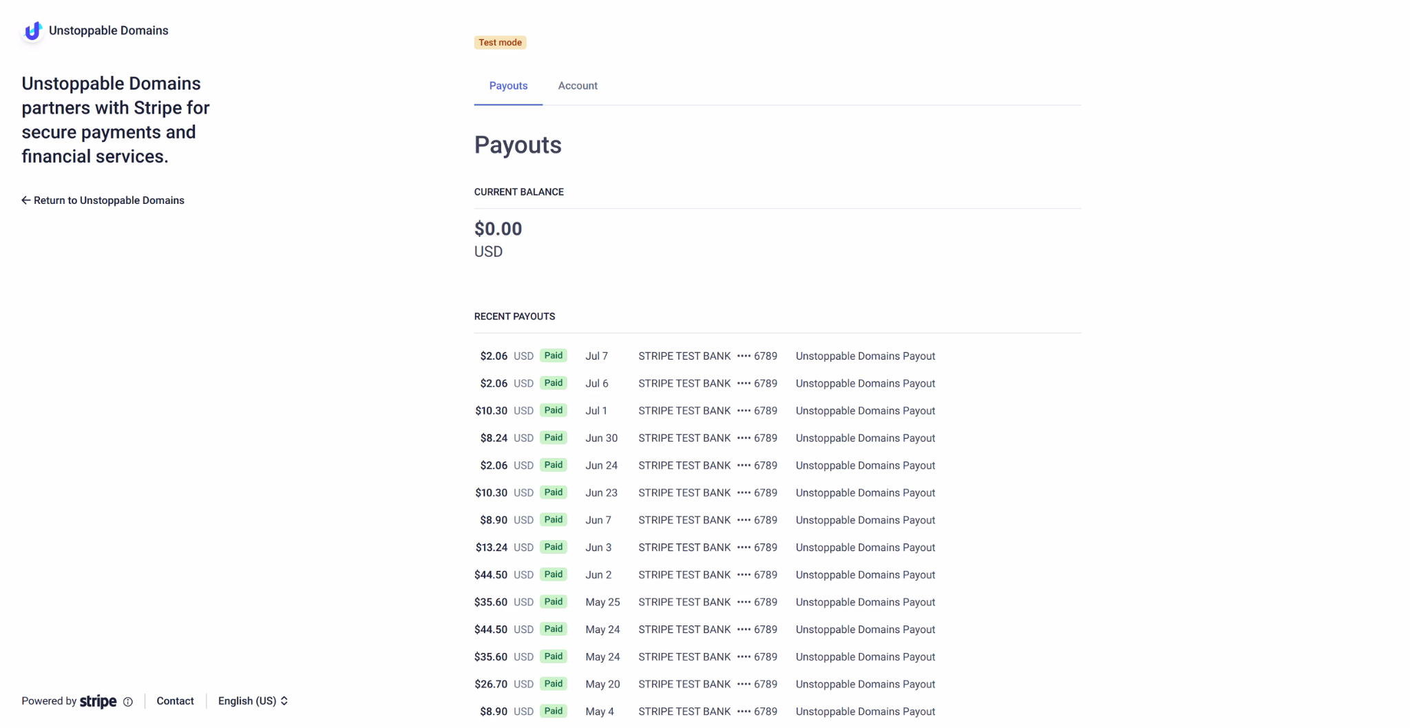 Main/default view of Stripe Payouts (i.e., payouts tab) 