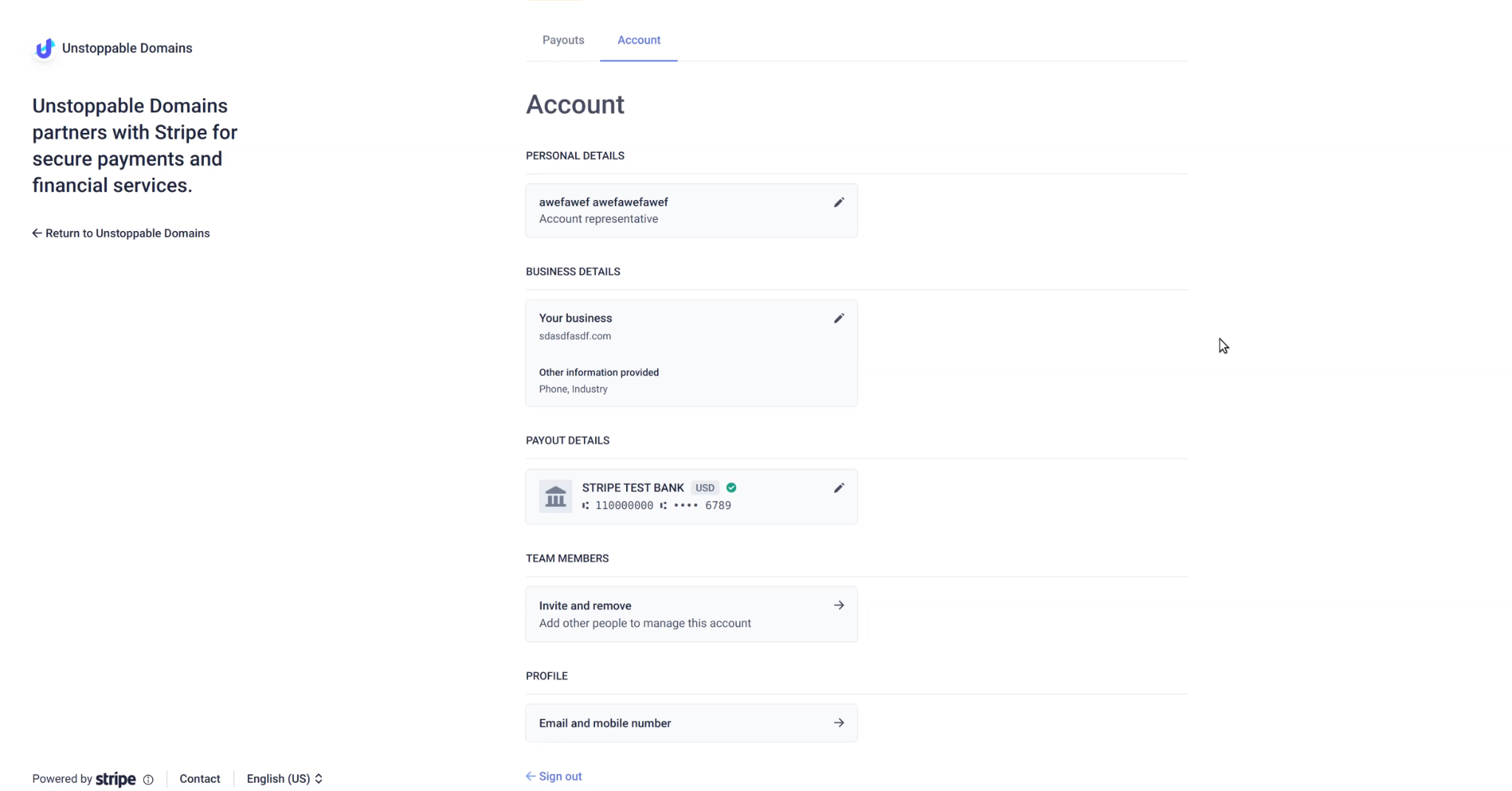 View of Stripe Account information (i.e., account tab)