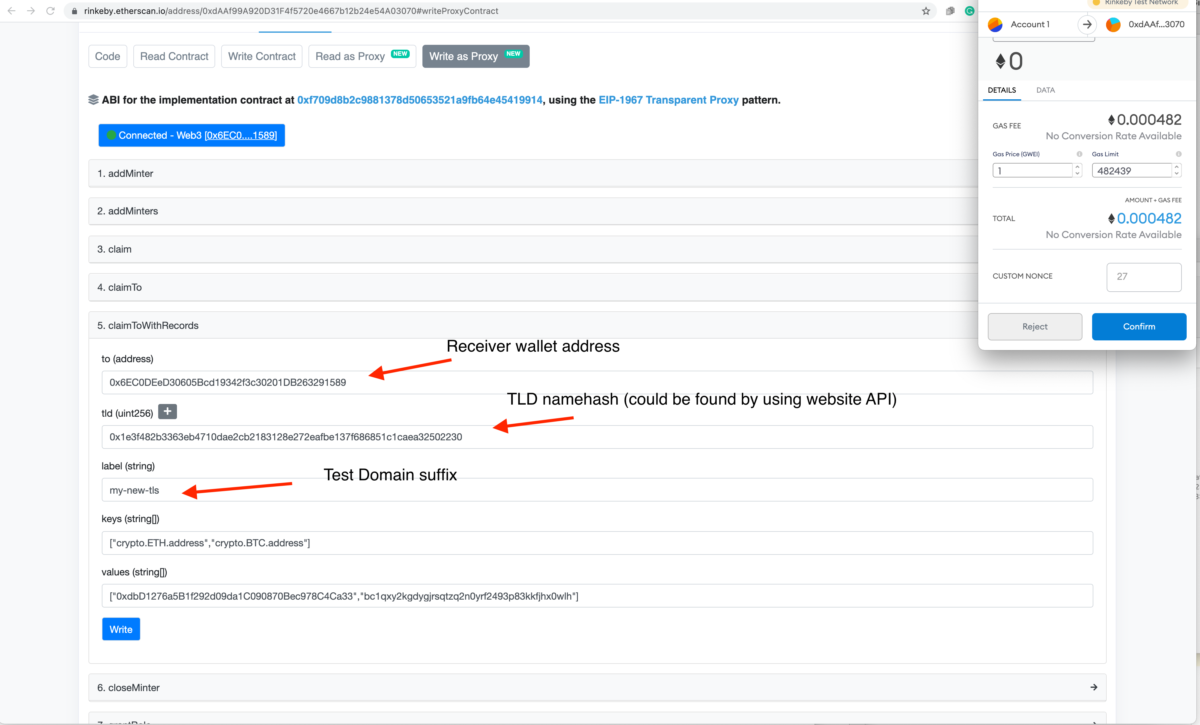 Enter data for 'claim to records' for Polygonscan domain (Layer2)