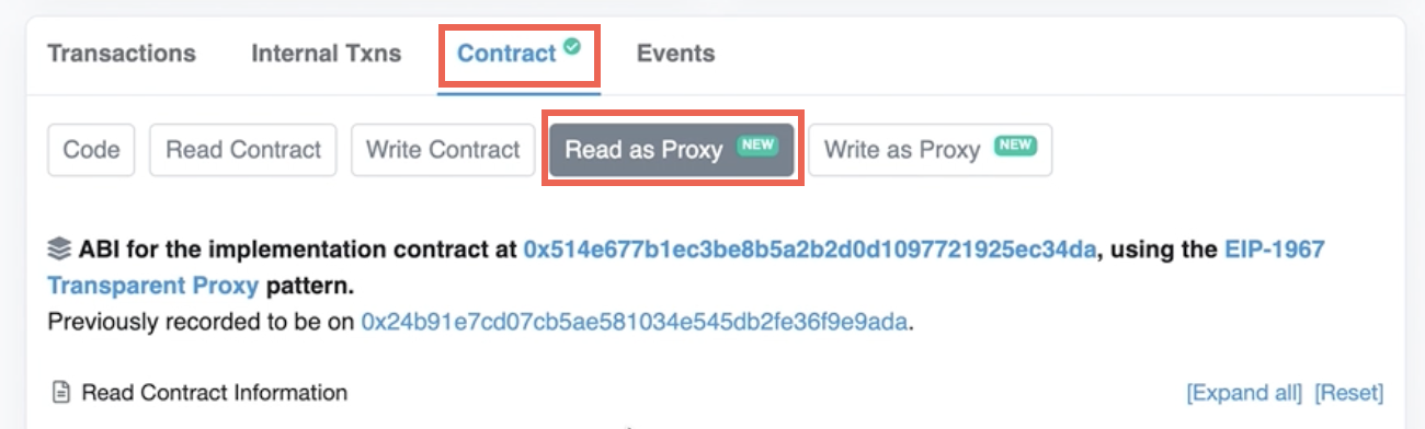 Verify domain transfer to UNS L1 using Contract -> Read as Proxy