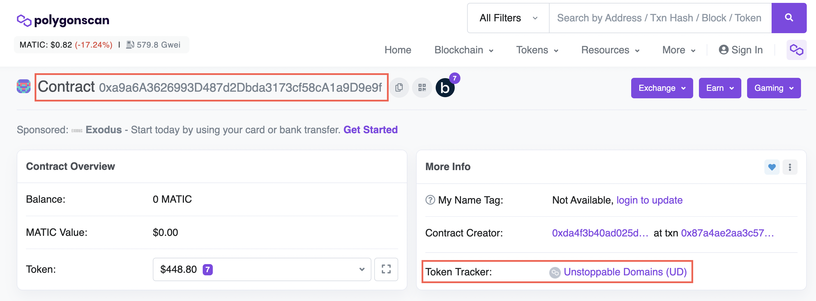 UNS Layer 2 contract address and tracker info